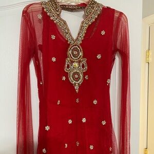 Red Embellished Sheer Dress